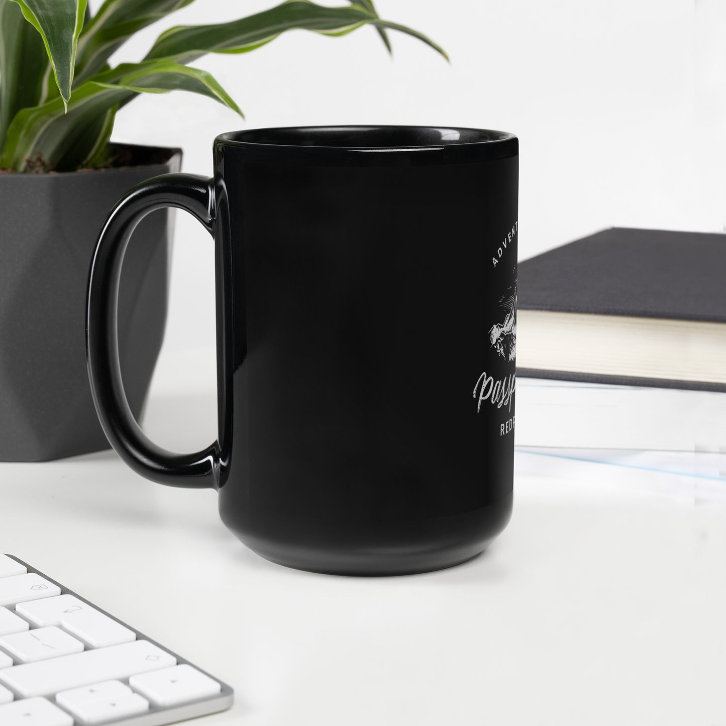 Adventure Awaits Black Glossy Mug