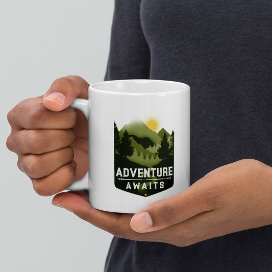 Adventure Awaits Mountain White glossy mug