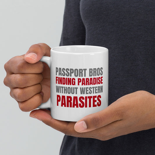 Paradise Without Parasites White glossy mug